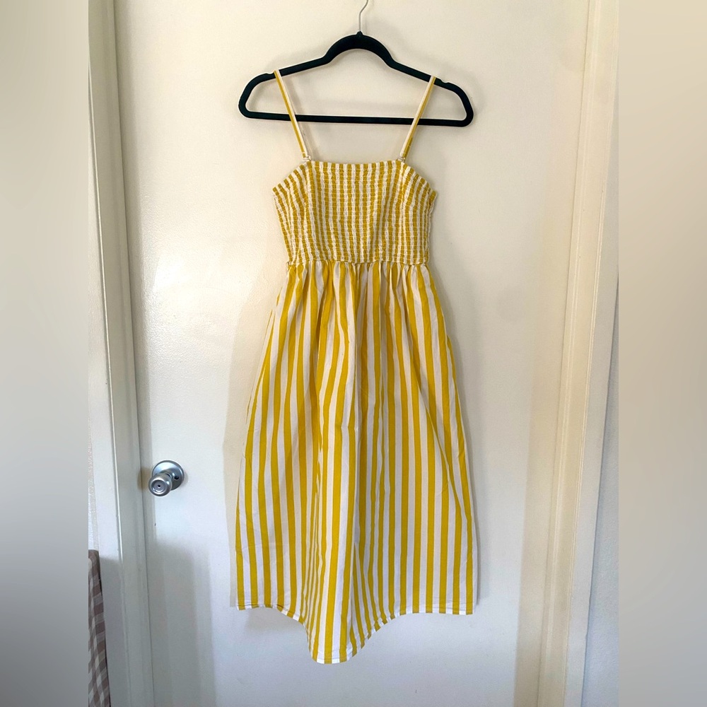 a new day - Yellow and White Pinstriped Smocked Sundress
